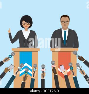 Gemeinsame Pressekonferenz. Hände verschiedener Journalisten halten Mikrofone. Pressemitteilung. Karikaturpolitiker sprechen, Menschen Charaktere. Isolierte Konstruktion Stock Vektor