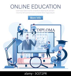Startseite des Konzepts für Online-Schulungen. Banner für die Untersuchungsvorbereitung. Gruppe von verschiedenen Lernenden. Lehrer auf dem Monitor. Webinar, Videokurse Stock Vektor