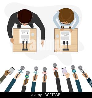 Gemeinsame Pressekonferenz. Hände verschiedener Journalisten halten Mikrofone. Pressemitteilung. Karikaturpolitiker sprechen, Menschen Charaktere. Isolierte Konstruktion Stock Vektor