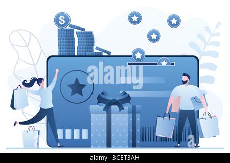 Prämienpunkte sammeln. Banner-Vorlage für Prämienprogramm. Glückliche Kunden halten Einkaufstaschen. Große Treuekarte, Bonusprogramm mit Preisen und Cashba Stock Vektor