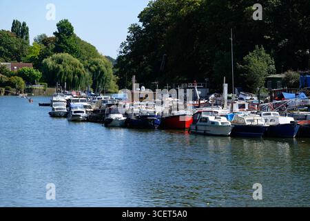 Freizeitboote liegen auf Eel Pie Island an der Themse in Twickenham, London, England Stockfoto