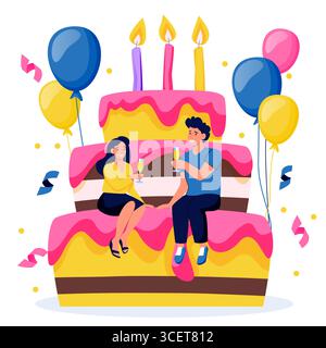Winzige Leute sitzen auf einer großen Geburtstagskuche und trinken Champagner. Vektor flache Zeichentrickillustration. Konzept für Partyplakat, Festkarte Stock Vektor