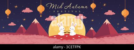 Mitte Herbst Festival Kaninchen mit Mond und Laternen Vektor Illustration. Stock Vektor