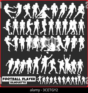 Sammlung weißer Silhouetten von american Football-Spielern auf schwarzem Hintergrund in verschiedenen Posen und Aktionen Stock Vektor
