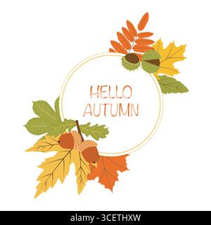 Herbstkarte mit rundem Blattrahmen und Text im Kranz in flachem Stil. Vektorillustration für Banner, soziale Medien Stock Vektor