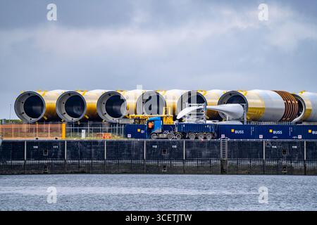 Der Seehafen Eemshaven, Julianahaven Basin, wo die Fundamentstrukturen, Monopiles, für Offshore-Windparks gelagert werden. Diese werden dann unterstützen Stockfoto