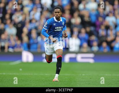Rangers Jayden Meghoma während der UEFA Champions League, Play-off, Spiel im Ibrox Stadium, Glasgow. Bilddatum: Dienstag, 19. August 2025. Stockfoto