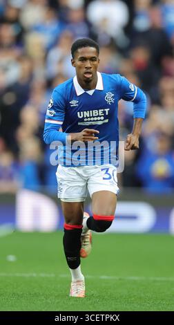 Rangers Jayden Meghoma während der UEFA Champions League, Play-off, Spiel im Ibrox Stadium, Glasgow. Bilddatum: Dienstag, 19. August 2025. Stockfoto