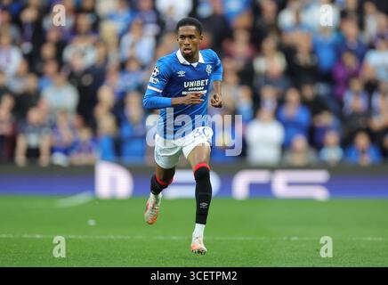 Rangers Jayden Meghoma während der UEFA Champions League, Play-off, Spiel im Ibrox Stadium, Glasgow. Bilddatum: Dienstag, 19. August 2025. Stockfoto