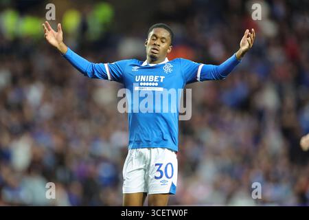 Rangers Jayden Meghoma reagiert während der UEFA Champions League, Play-off, im ersten Legspiel im Ibrox Stadium, Glasgow. Bilddatum: Dienstag, 19. August 2025. Stockfoto