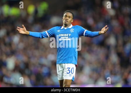 Rangers Jayden Meghoma reagiert während der UEFA Champions League, Play-off, im ersten Legspiel im Ibrox Stadium, Glasgow. Bilddatum: Dienstag, 19. August 2025. Stockfoto