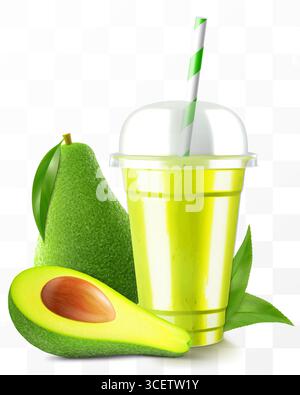 Klarer Plastikbecher mit Avocadosaft oder Smoothie. Tasse mit kugelförmiger Kappe für Milchshake, Limonade. Fruchtiger Bio-Shake mit Eiswürfel. Obstcocktail Stock Vektor