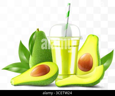 Klarer Plastikbecher mit Avocadosaft oder Smoothie. Tasse mit kugelförmiger Kappe für Milchshake, Limonade. Fruchtiger Bio-Shake mit Eiswürfel. Obstcocktail Stock Vektor