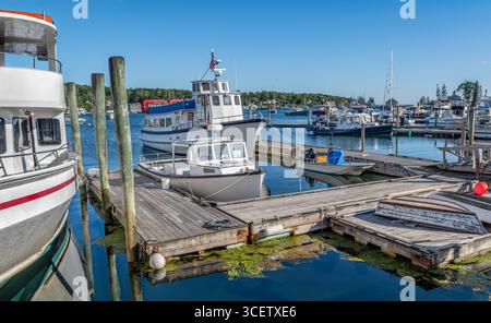 New England Harbor an einem Sommerabend: Boothbay Harbor, Maine, hat Boothbay Harbor, Boothbay Harbor, angedockt. Stockfoto