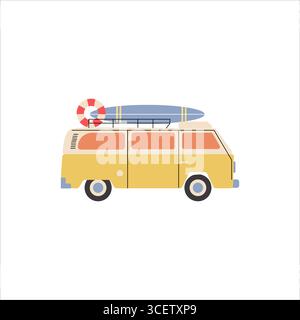 Wohnmobil an der Küste. Surfzeit Sommerspaß-Konzept. Vektorillustration des Fahrzeugs für Trip Object über weißem Hintergrund. Auto-Campingbus. Su Stock Vektor