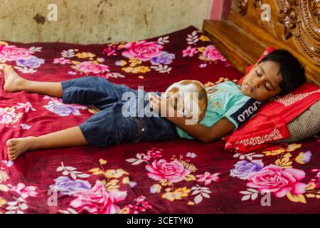 Ruhiger Junge beim Nickerchen, während die Ingwerweiße Katze Wärme findet, die bequem auf seinem Schoß schläft Stockfoto