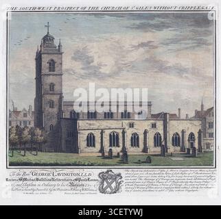 Handkolorierter Kupferstich der S W Prospect of the Church of St Giles without Cripplegate, London 1737 18th Century von William Henry Toms nach Robert West Kunstwerk Vintage antike Druckstich historische Ansicht, herausgegeben von Robert Sayer Stockfoto