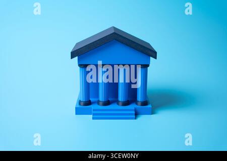 Bankgebäude auf blauem Hintergrund. Wirtschaft und Finanzen. Unternehmenskredite. Investitionsentscheidungen. Einfluss der Geldpolitik. Die Zuverlässigkeit der Institution Stockfoto