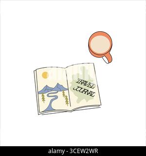 Reisejournal mit Zeichnungen. Öffnen Sie die Vektorgrafik des Papiers. Niedliches Cartoon-Notizbuch für handschriftliche Notizen. Cartoon Vektor Reisetagebuch mit Hand Stock Vektor
