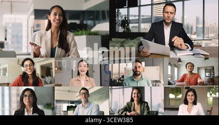 Videokonferenzteilnehmer, die mit der Videokonferenz-Anwendung diskutieren Stockfoto