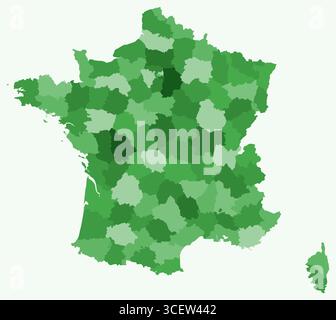 Karte von Frankreich mit Regionen. Nur eine einfache Ländergrenzkarte mit regionaler Aufteilung. Grüne Farbpalette. Stock Vektor