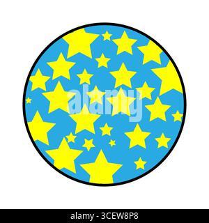 Kreisförmiges Sternmuster. Gelbe blinkende Abbildung. Blaues Himmelssymbol. Vektorraum-Emblem. Stock Vektor