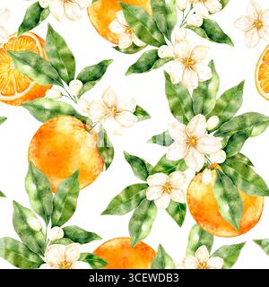 Nahtloses Aquarellmuster mit orangen Blüten und grünen Blättern auf weißem Hintergrund. Elegantes botanisches Blumendesign für Textilien, Geschenkpapier, Su Stockfoto