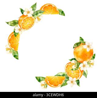 Zitruskranz mit Orangen, Blüten und grünem Laub auf weißem Hintergrund. Dekorativer runder Rahmen für Saftbar-Menüs, Veranstaltungsflyer, Weddi Stockfoto