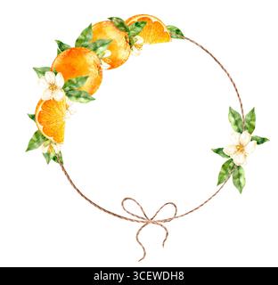 Aquarellkranz mit grünen Blättern, zarten Blüten und Schleife auf weißem Hintergrund. Dekorativer Kreis im natürlichen Boho-Stil, perfekt zum Hochziehen Stockfoto