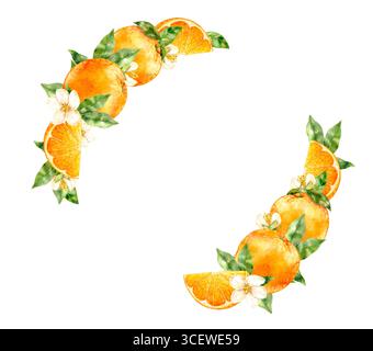 Zitruskranz mit mehreren Orangen, Blüten und Blättern auf weißem Hintergrund. Lebhafter Kreis im Boho-Stil, ideal für tropische Menüs, Weddi Stockfoto
