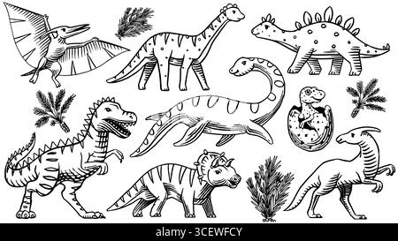Set von Dinosauriern. Skizzenhafte handgezeichnete Illustrationen für Kinderkleidung, kindisch. Tyrannosaurus, Pthylodatctyle, Brontosaurus. Stock Vektor