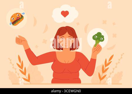 Frau, die zwischen gesundem Brokkoli und Fast-Food-Burger-Cartoon-Konzept-Vektor wählt Stock Vektor