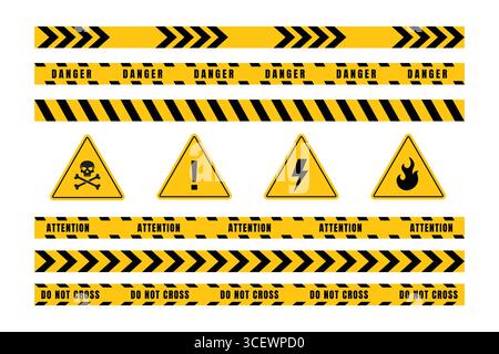 Sammlung von gelben und schwarzen Warnschildern und Klebebändern. Stock Vektor