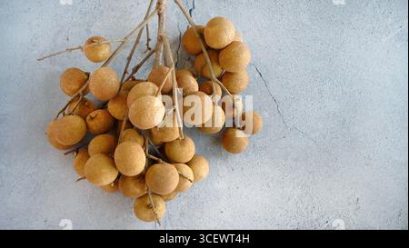 Ein Haufen frischer reifer Dimocarpus Longans mit Zweigen, süße Früchte isoliert auf Betonboden Hintergrund, Platz für Text Stockfoto
