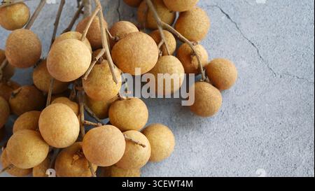 Ein Haufen frischer reifer Dimocarpus Longans mit Zweigen, süße Früchte isoliert auf Betonboden Hintergrund, Platz für Text Stockfoto