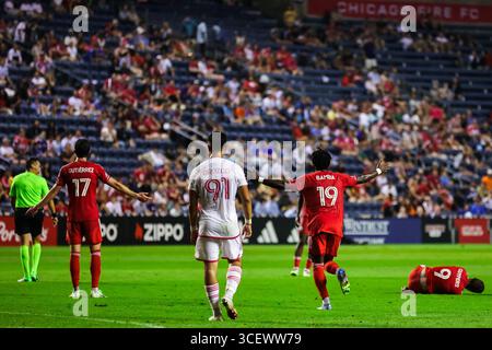 Chicago, IL, USA, 16. August 2025. Major League Soccer (MLS) Chicago Fire FC gegen St. Louis CITY im SeatGeek Stadium. Stockfoto