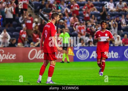 Chicago, IL, USA, 16. August 2025. Major League Soccer (MLS) Chicago Fire FC gegen St. Louis CITY im SeatGeek Stadium. Stockfoto