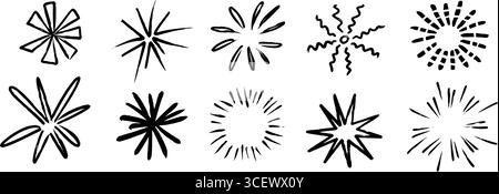 Handgezeichnetes Explosionsset. Buntstiftkolben mit Feuerwerkselementen. Schwarze pastellfarbene Skizzen von Feuerwerkskörper, Sonnenaufgang, Funkenschlag, Sternenlicht, Funkeln. Vektorkohle gezeichnete Strahlen und Strahlformen Stock Vektor