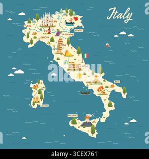 Touristische Karte von Italien mit Wahrzeichen, Städten, Speisen und kulturellen Ikonen. Farbenfrohe Cartoons, die die wichtigsten Sehenswürdigkeiten und Traditionen des Landes zeigen. Stock Vektor