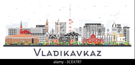 Wladikawkaz Russland Skyline mit farbigen Gebäuden isoliert auf weiß. Vektorabbildung. Wladikawkaz Stadtbild mit Wahrzeichen. Reisen und Tourismus Stock Vektor