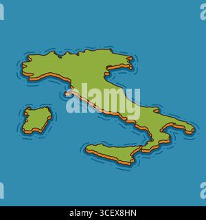 Isometrische Karte von Italien. Grünes Land mit Inseln, umgeben von blauem Meer. Vereinfachte Illustration im Cartoon-Stil der italienischen Geographie und des italienischen Territoriums. Vect Stock Vektor