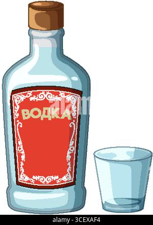 Klare Wodkaflasche mit rotem dekorativem Etikett und leerem Schussglas in flacher Karikaturvektorart, isoliert auf weißem Hintergrund, helle Farben Stock Vektor