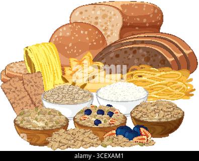 Verschiedene Vollkornbrote, Pasta und Müslischalen in einem flachen Vektor-Stil mit natürlichen Farben und sauberer, detaillierter Komposition Stock Vektor