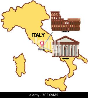 Vektor-Illustration von Italien, die das Kolosseum und das Pantheon mit einem genauen Punkt auf Florenz hervorhebt Stock Vektor