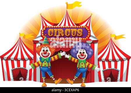 Bunte Vektor-Illustration von zwei fröhlichen Clowns, die Besucher vor einem gestreiften Zirkuszelt mit heller Beleuchtung und kühner Beschilderung begrüßen Stock Vektor