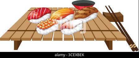Vektor-Illustration von fünf Nigiri-Sushi-Stücken, die auf einem Holzbrett mit Sojasauce-Schüssel und Essstäbchen angeordnet sind, mit klaren Linien und lebhaften Farben Stock Vektor