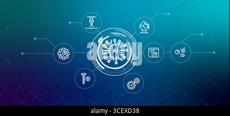 KI in der industriellen Automatisierung und Maschinenbau Roboterarm intelligente Fabriken mit künstlicher Intelligenz Icon Outline Stock Vektor