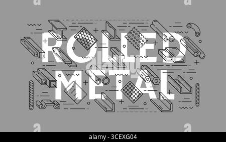 Ikonen aus Stahl und Aluminium gewalzten Metallprodukten. Einfarbige lineare Schilder für industrielle Anwendungen mit Profilen wie Balken, Blechen, Rohren und Stangen für die Metallbearbeitung, Ingenieurwesen oder Fertigung Stock Vektor