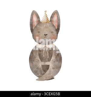 Aquarellillustration halloween Fledermaus in Partyhut. Schlafender Tiercharakter, Maus gefaltete Flügel Hand gezeichnet im kindlichen Stil auf isoliertem Hintergrund Stockfoto