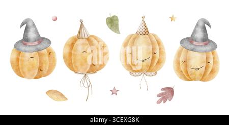 Kürbisset orange im Halloween Kostüm, Hexenhut, Partymütze, Kostüm. Aquarellbilder handgezeichnet in kindlichem Stil, isoliert von der Stockfoto